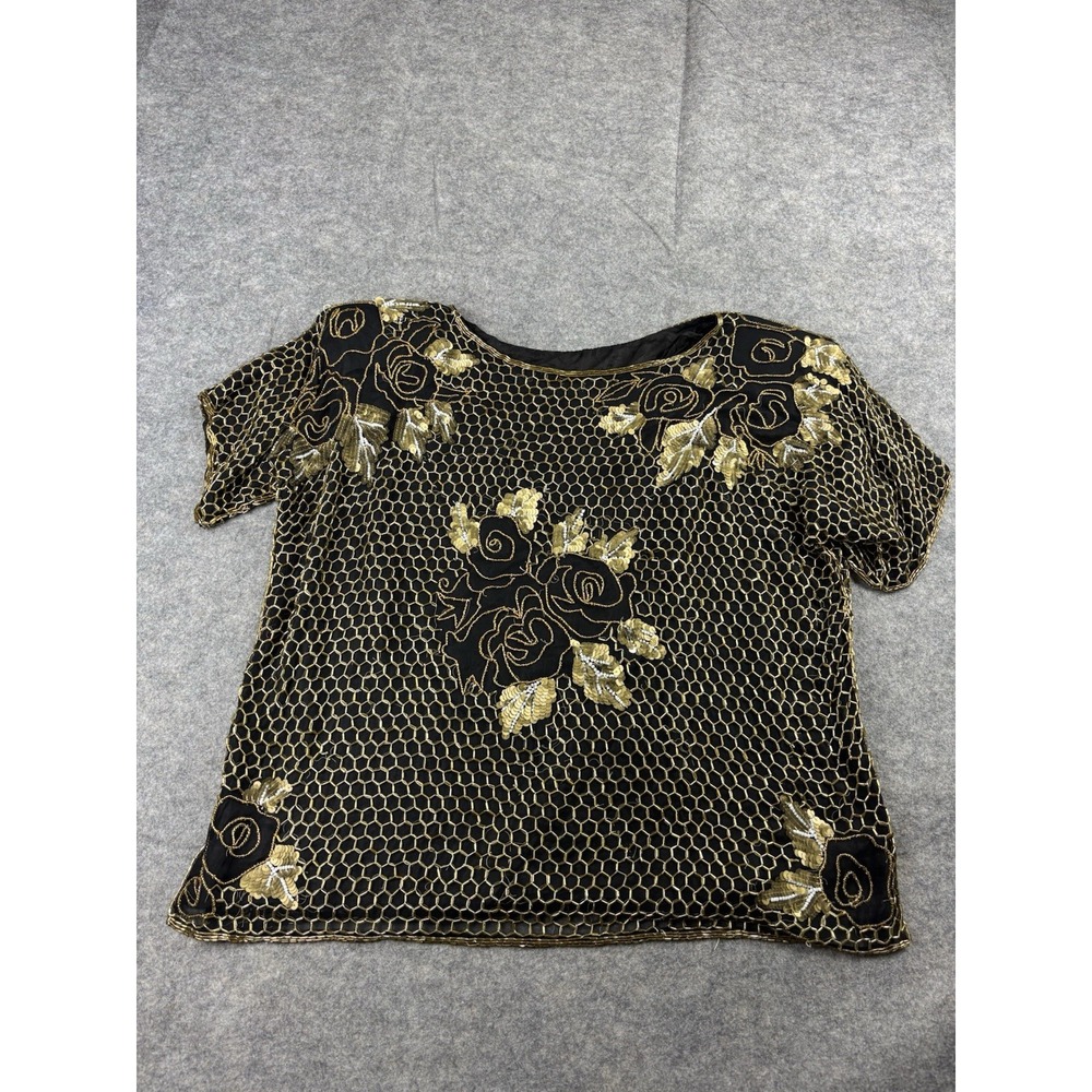Womens XXL VTG Pure Silk Gold Sequin Crochet Beaded Floral Holiday Glitzy Blouse